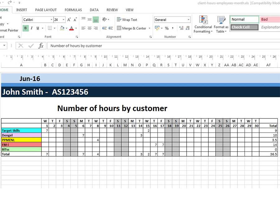 Quadro Excel por cliente