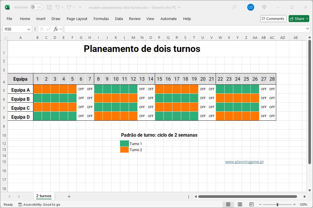 Modelo Excel de planeamento rotativo de dois turnos