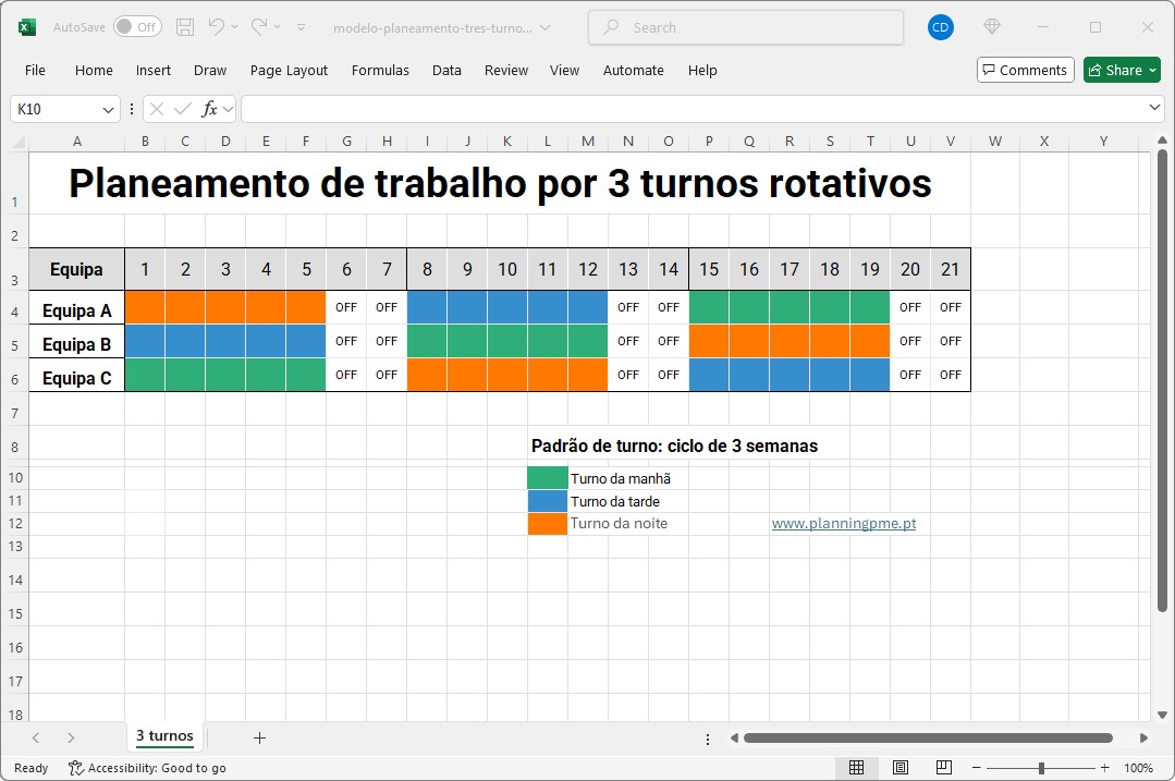 Modelo de planeamento rotativa de trs turnos do Excel