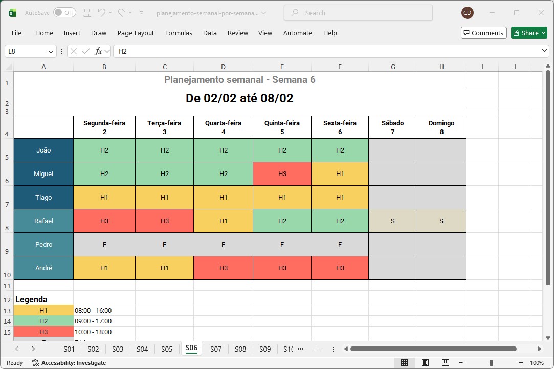 Exemplo de um hor�rio semanal no Excel